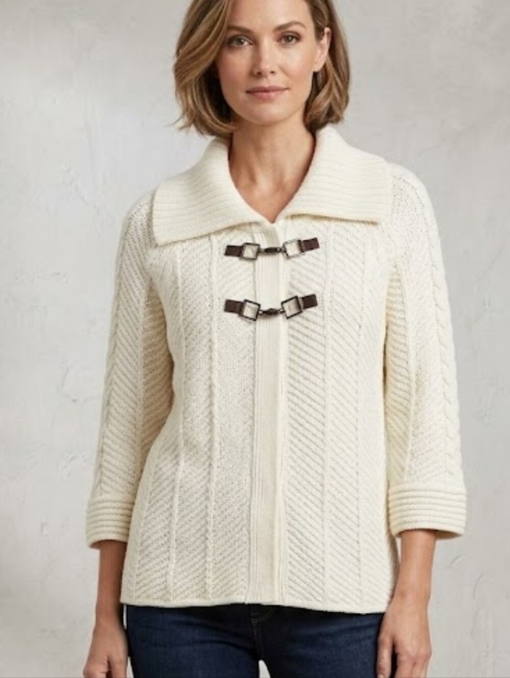 JM Collection Cream Knit Toggle Cardigan Size Large Contemporary Cottagecore